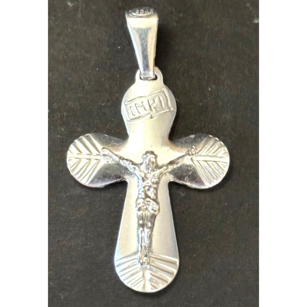 NEW Sterling Silver INRI Cross Pendant w Jesus Crucifix Design w Velvet Bag